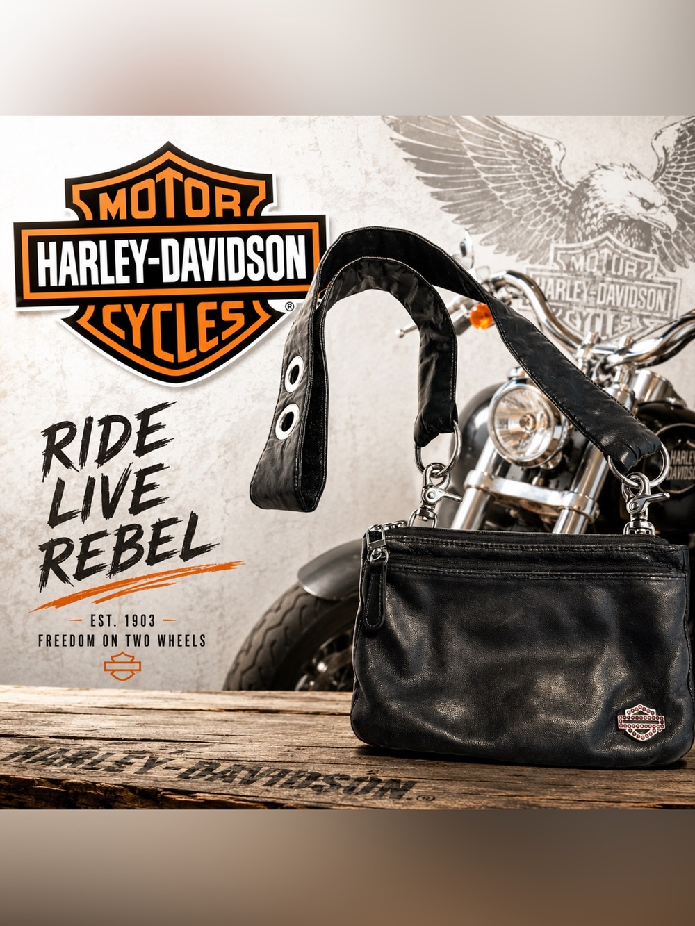 Harley-Davidson Black Leather Crossbody Shoulder Bag Y2K